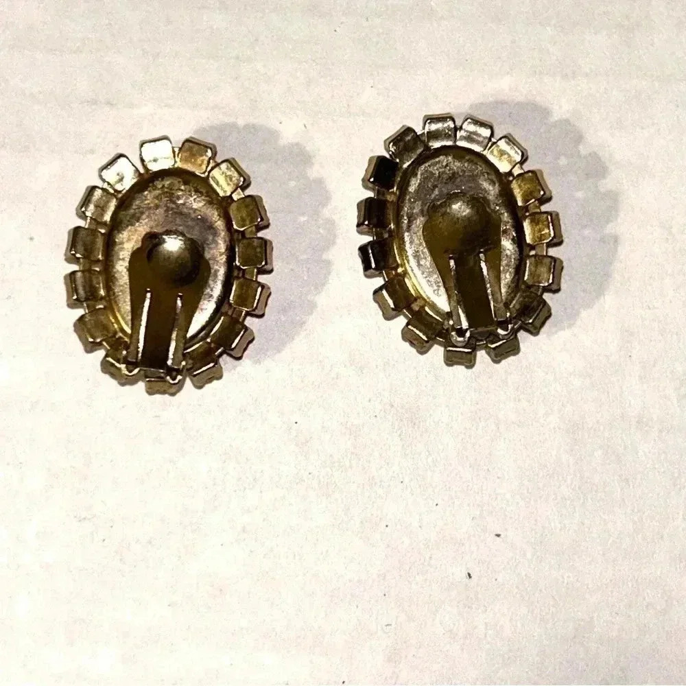 Vtg Smoky Quartz Pink Crystal Rhinestone Earrings Glass Goldtone Oval Clip On - Picture 4 of 10